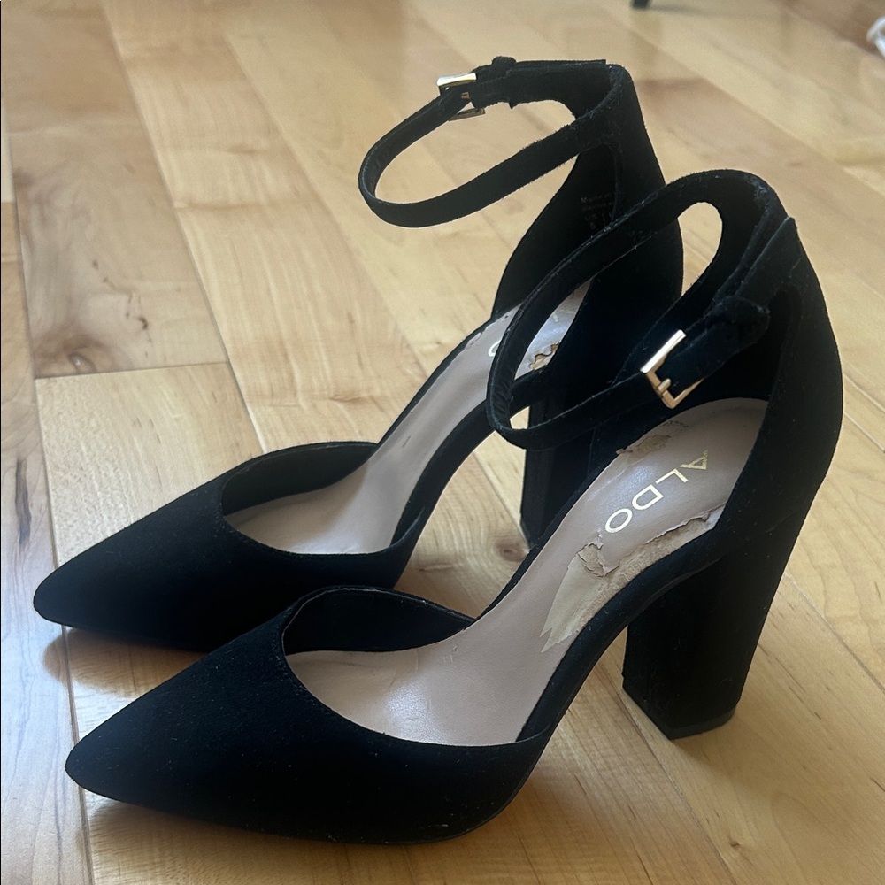 ALDO Faux Suede Black Pointed Toe Ankle Strap Heels